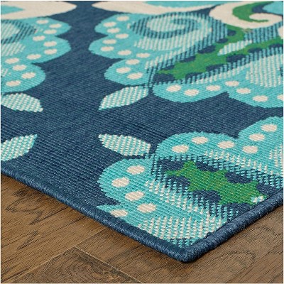 Rectangular Blue Geometric Stain-Resistant Synthetic Rug
