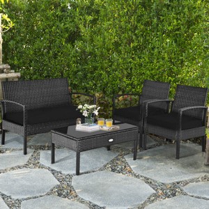 Costway 4PCS Patio Rattan Wicker Furniture Set Loveseat Sofa Cushioned Garden Yard Brown/Grey - 1 of 4