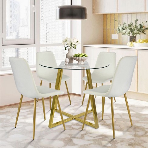 Hana Bingo 5 Piece Round Clear Glass Dining Table Set with 4 Beige Upholstered Chairs Gold Legs The Pop Maison