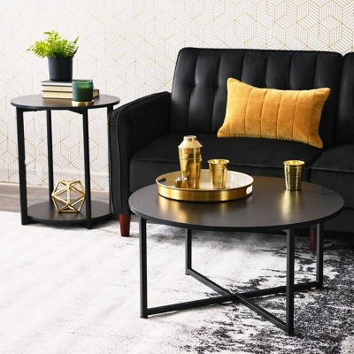 Black Oak and Steel Round End Table with Shelf