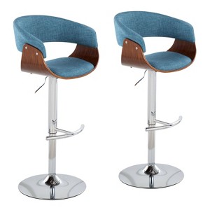 Set of 2 Vintage Mod Upholstered Barstools Blue/Walnut - Lumisource: Chrome Base, Cushioned, Swivel - 1 of 4