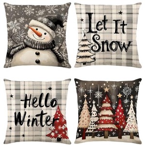 Christmas Throw Pillow Covers 18x18 Set of 4,Linen Pillow Cases Vintage Nordic Snowman Tree Plaid Gray White - 1 of 4