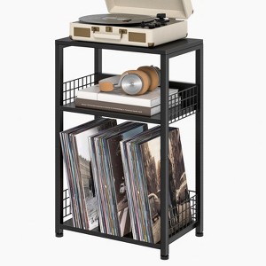 HDZNVF Black Side Table With Charging Station, Record Player Stand With Vinyl Storage - 1 of 4