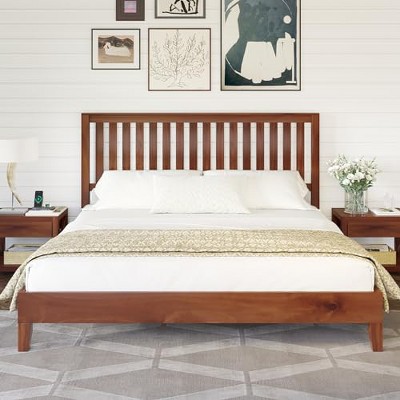 AMERLIFE Solid Wood Bed Frame, Mid-Century Platform Bed with Grille Headboard