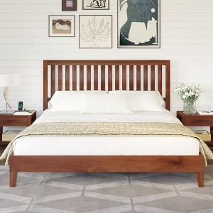 AMERLIFE Solid Wood Bed Frame, Mid-Century Platform Bed with Grille Headboard - 1 of 3