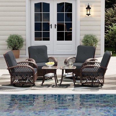 UPHA 6-Piece Patio Outdoor Wicker Swivel Rocking Chair Set with Side Table and Dark gray Cushions