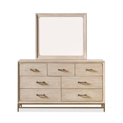 Light Oak Mid-century Dresser with Mirror and Brass Accents