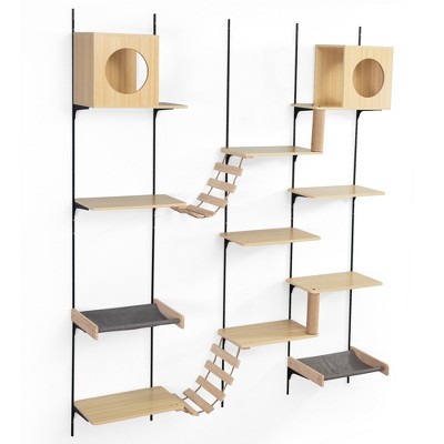 Sevobal Pet Tower, Modern Wall-Mounted Cat Shelves with Cat House, Bridge, Steps, Stable Cat Climber for Indoor, Brown, 17.76"*9.92"*12.77"
