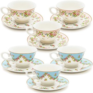 Sparkle and Bash Set of 6 Vintage Floral Tea Cups and Saucers for Tea Party Supplies, Bridal Showers & Garden Parties- Blue, Pink, 8oz - 1 of 4