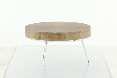 Modern Minimalist Round Coffee Table with White Distressed Iron Legs, 32"W
