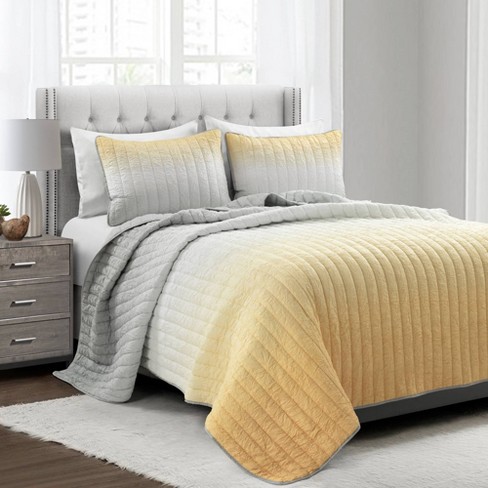 3pc King Leah Quilt Set Yellow/Gray - Lush Décor