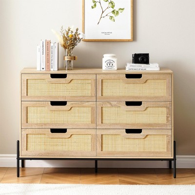 6 Drawers Dresser for Bedroom, Natural Rattan Drawer with Spacious Storage, Wood Chest of Drawers with Metal Legs