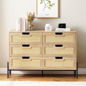 6 Drawers Dresser for Bedroom, Natural Rattan Drawer with Spacious Storage, Wood Chest of Drawers with Metal Legs - 1 of 4