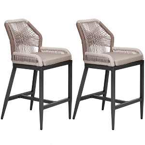 Counter Height Bar Stools Set of 2 - 24.8" H Rattan Bar Stools, Home Back Dining Chair, Modern Patio Bar Stools with Backrest and Arm - 1 of 4