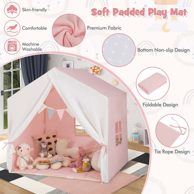 Costway Kid's Play Tent Toddler Playhouse Castle Solid Wood Frame with Washable Mat Orange/Pink, 5 of 11