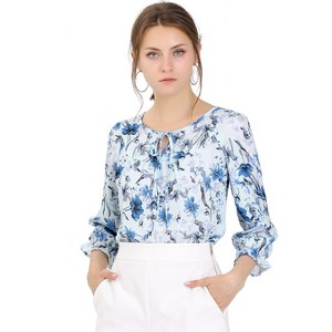 Allegra K Women's Floral Bow Tie Neck Vintage 3/4 Sleeve Blouse - 1 of 4