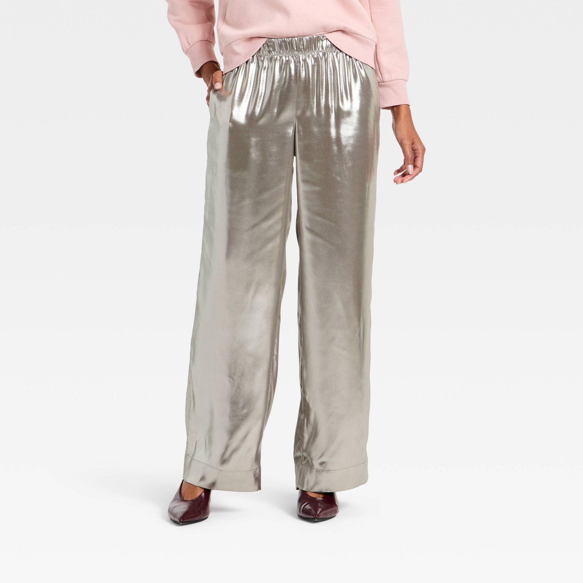 Women's Metallic Foil Pull-On Pants - A New Day™ Silver L