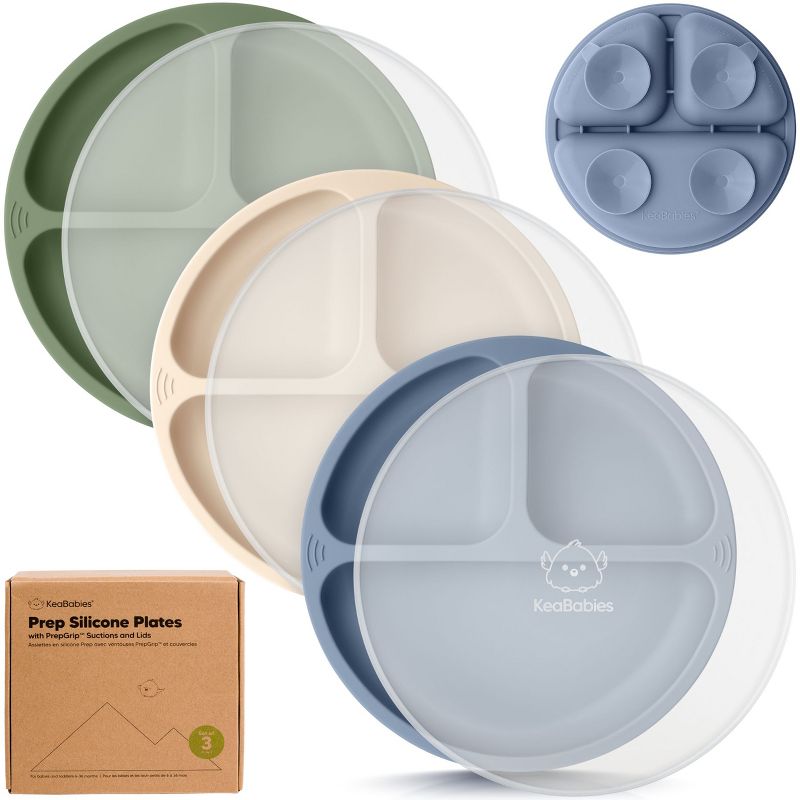 3-Pack Prep Suction Plates with Lids, 100% Silicone Baby Plates with Lid, BPA-Free Kids Divided Toddler Plates, 1 of 10