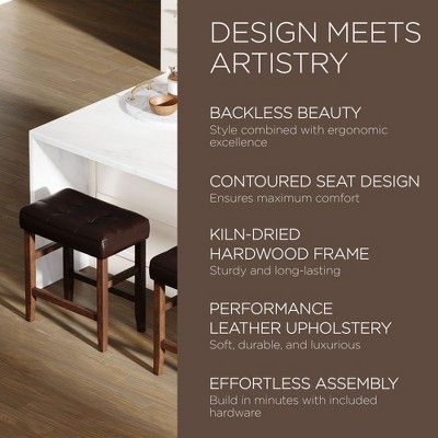 Harper Set of 4 Backless Brown Leather and Oak Wood Stools