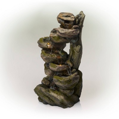 Rustic Gray and Brown Multi-Tier Stone Fountain with LED Lights