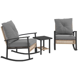 3 Pieces Bistro Set, Patio Wicker Furniture Set with Button Tufted Cushions, Rattan Rocking Chairs Table - 1 of 4