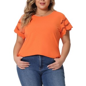 Agnes Orinda Women's Plus Size Round Neck Hollow Lace Panel Short Sleeve Casual Summer Blouses - 1 of 4
