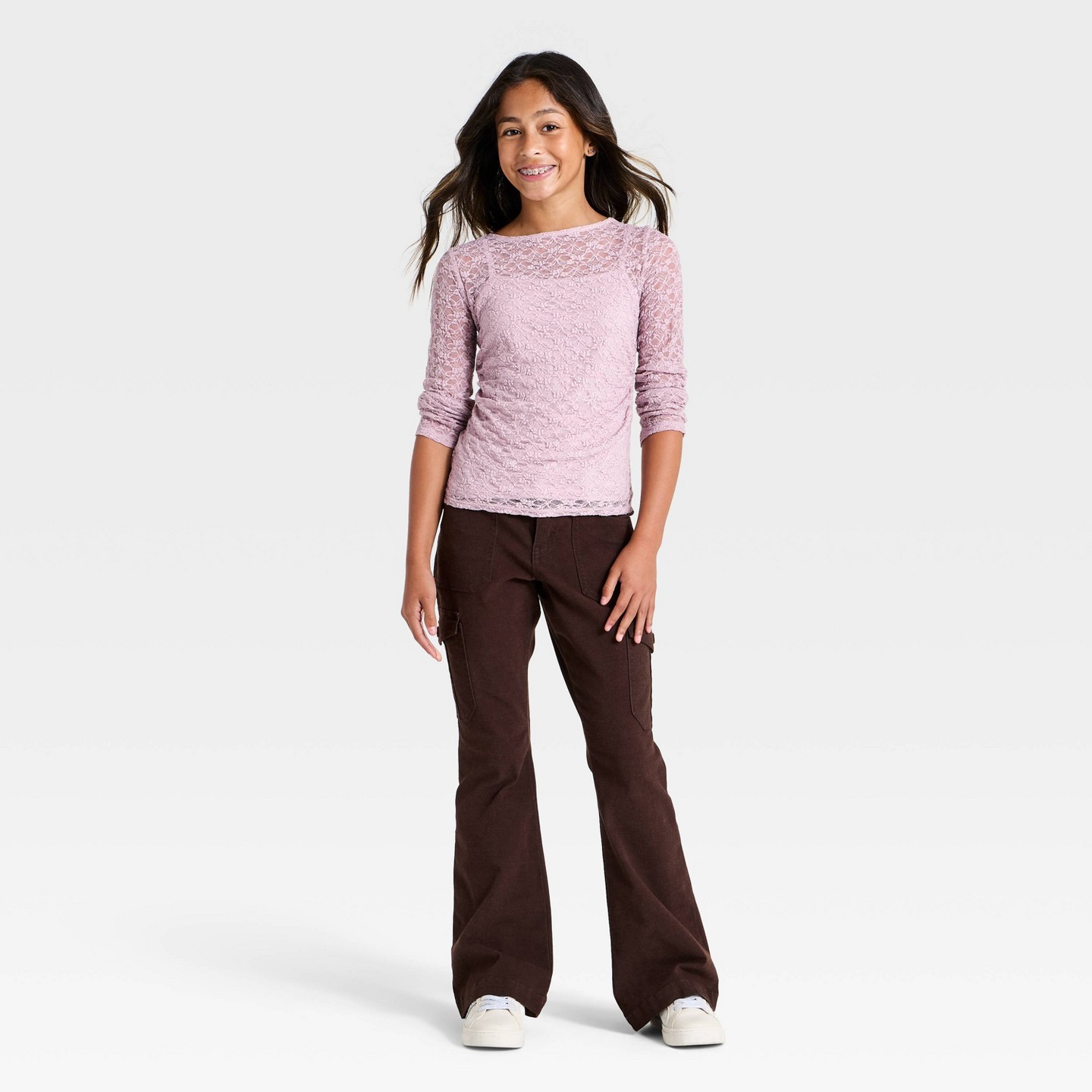 Топ Art Class Lace Ruched Long Sleeve Top для девочек, цвет: Розовато-лиловый — фото 2