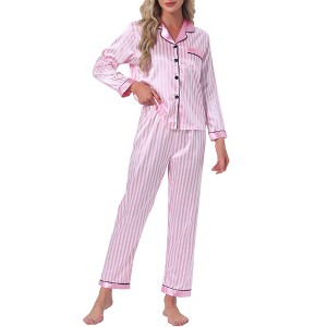 INSPIRE CHIC Women's Satin Pajama Set Silky Long Sleeve Button Down Striped Leopard Sleepwear with Pocket - 1 of 4