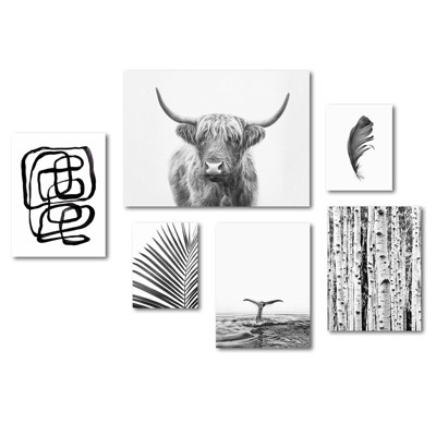 Americanflat Black & White Highland Bull Art Canvas Gallery Wall Set by Sisi and Seb