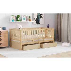 CAVINAS Twin Size Wood Montessori Bed with 2 Drawers and Safety Guardrails,Modern Floor Bed Can Split Into 2 Beds,Toddler Bed for Bedroom - 1 of 4