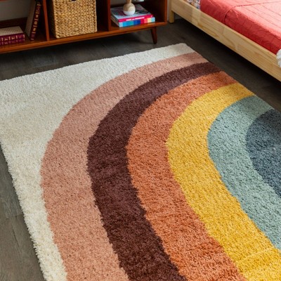 Cream Round Shag Kids' Rug, Non-slip Synthetic, Easy Care