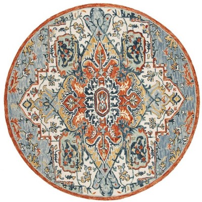 Blue and Rust Round Tufted Wool Floral Rug