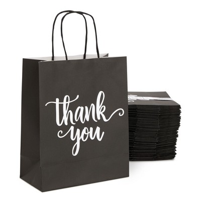 Sparkle and Bash 50 Pack Medium Thank You Paper Bags with Handles for Boutique, Small Business, Favors, Black, 10x8x4 in