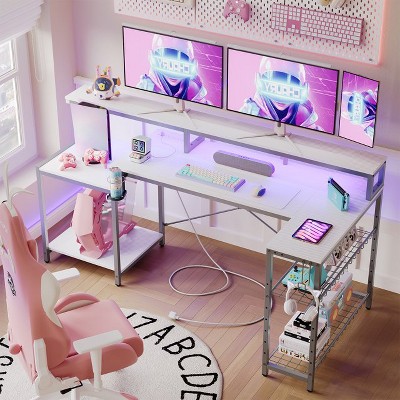 Bestier Gaming Desk 71.5 inch LED Computer Desk L Shaped Corner GamerTable with Power Outlet for Bedroom white