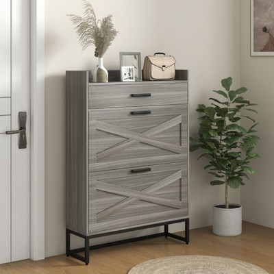 ALEXOUN Shoe Storage Cabinet,12 Pairs Farmhouse Shoe Organizer with 2 Flip Drawers and Adjustable Shelves & Top Drawer for Entryway,Hallway