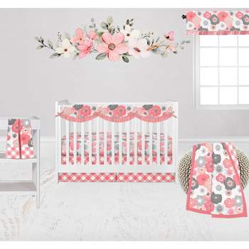 Bacati - Watercolor Floral Coral Gray 6 pc Girls Baby Crib Bedding Set with Long Rail Guard Cover 100% cotton fabrics