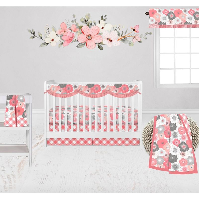 Bacati - Watercolor Floral Coral Gray 6 pc Girls Baby Crib Bedding Set with Long Rail Guard Cover 100% cotton fabrics, 1 of 12