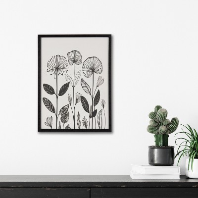 Black and White Modern Linocut Botanical Print in Solid Wood Frame