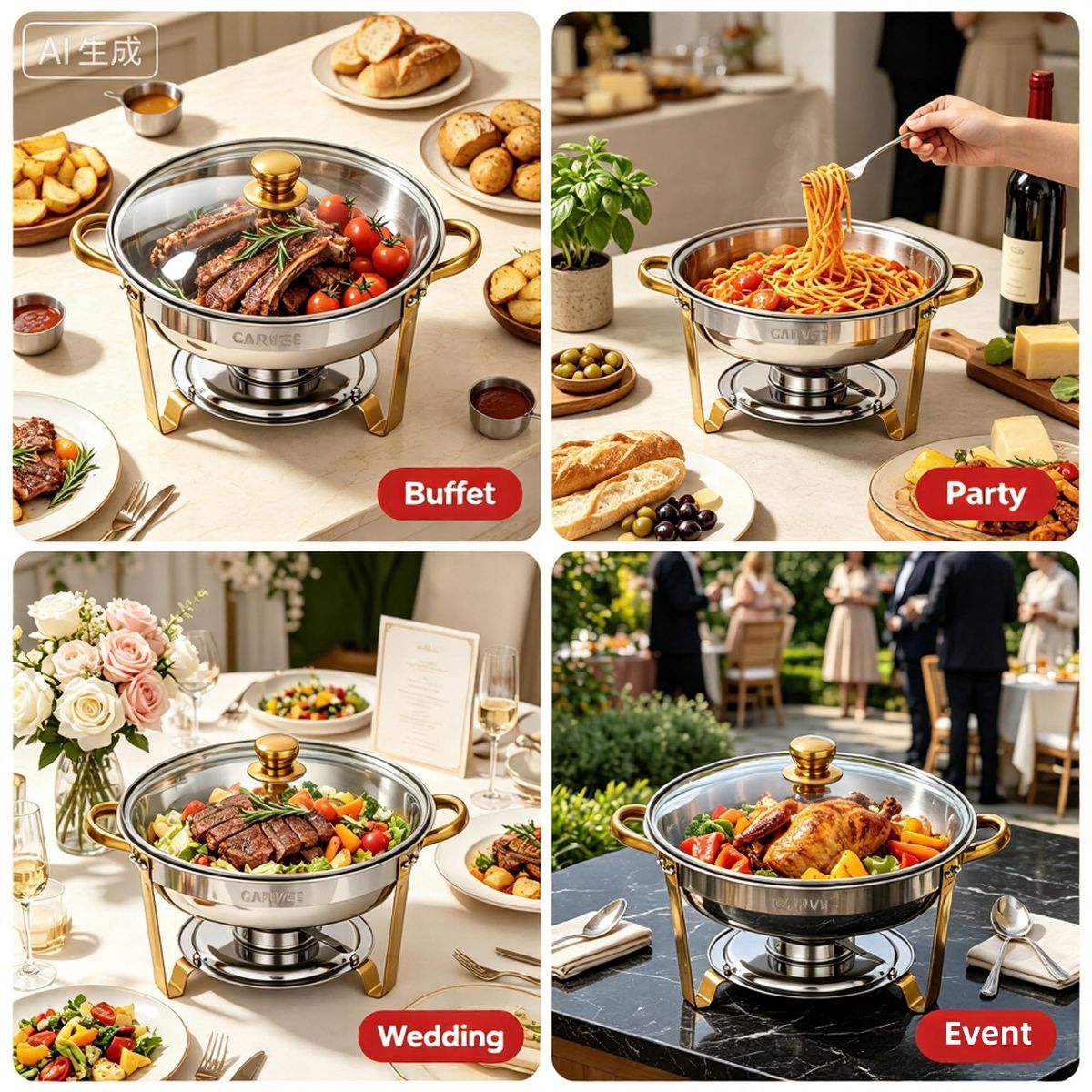 Round Gold Chafing Dish Buffet Set, 5QT Stainless Steel Food Warmer, Commercial Chafing Dish Buffet Warmer 5QT Round Stainless Steel Gold - thumbnail 7