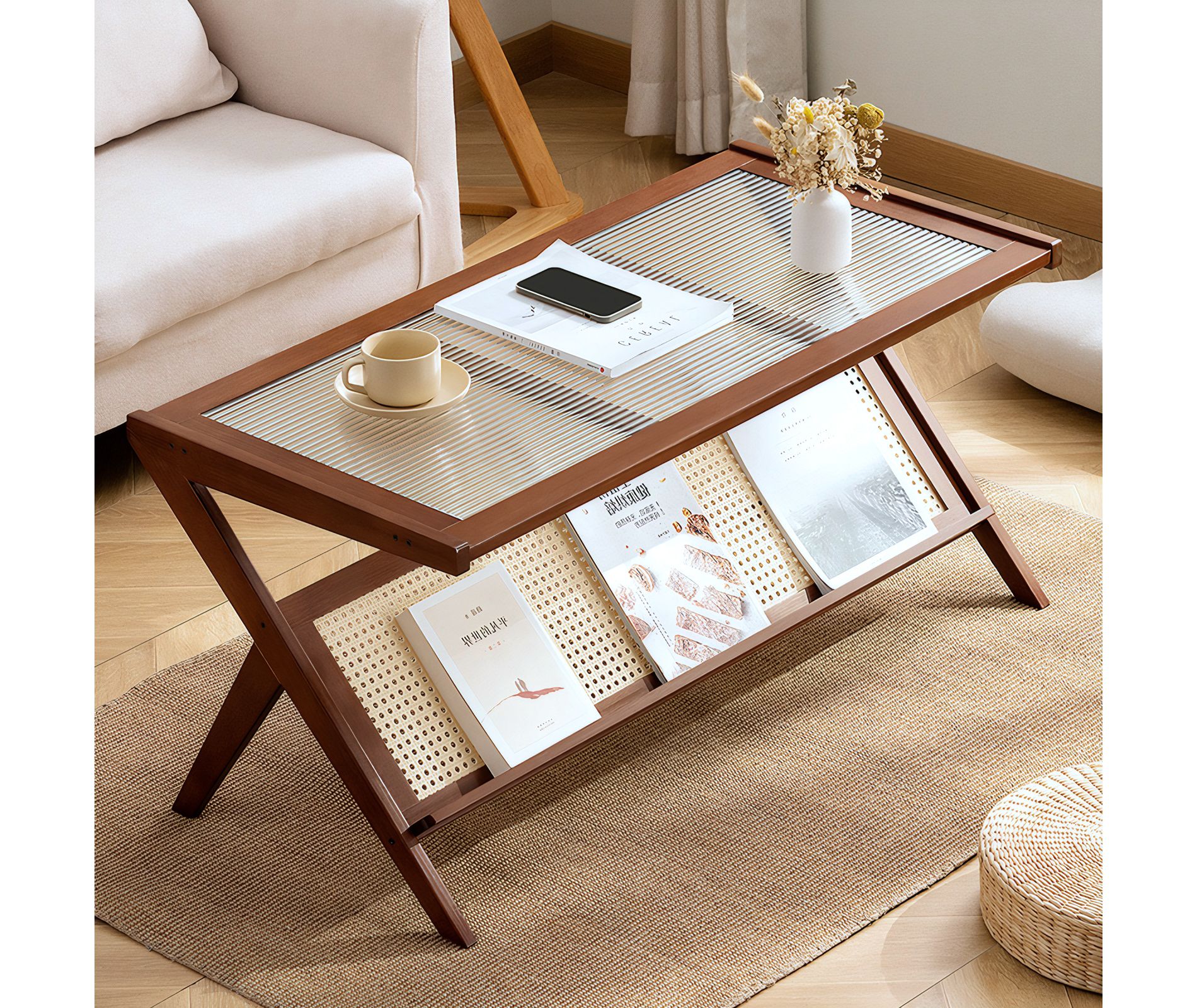 Modern Coffee Table with Glass Top & Rattan Shelf - Z-Shape Design, Warm Wood Frame for Living Room, Office Brown