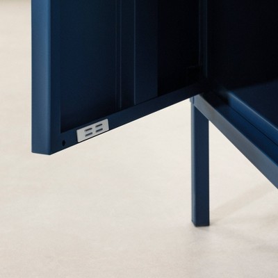 Dark Blue Metal 1-Door Nightstand with Adjustable Shelf