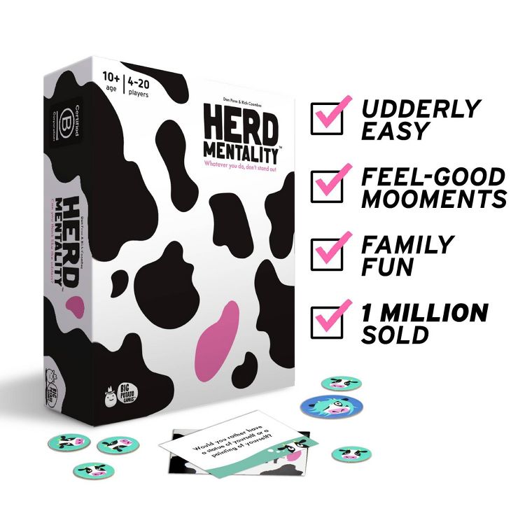 Box of "Herd Mentality" game with cow pattern design, surrounded by tokens and cards, and text highlighting features like "UDDERLY EASY" and "1 MILLION SOLD."