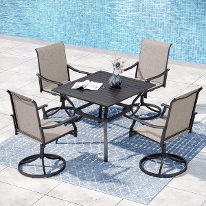 Captiva Designs 5pc Outdoor Dining Steel Table with Umbrella Hole & Brown Textilene Arm Chairs - 1 of 4