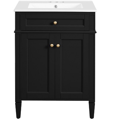 Vynxaria 30 inch Snow White Single Sink Freestanding Bath Vanity with White Ceramic Top Two Soft Close Drawers One Soft Close Door Adjustable Shelf