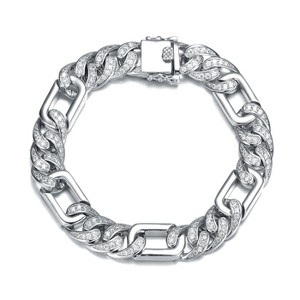 Guili Mens Rhodium Plated Sterling Silver Oblong Curb Chain Bracelet with Iced Out Cubic Zirconia Stones for a Bold and Luxurious Fashion Statement - 1 of 4