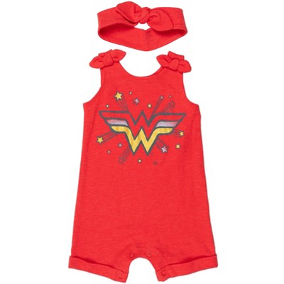 Image of DC Comics Justice League Wonder Woman Newborn Baby Girls Sleeveless Romper & Headband Red 0-3 Months