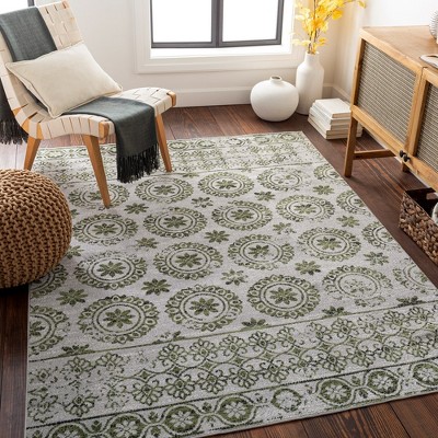 William Sage Green and Gray Washable Polyester Runner Rug