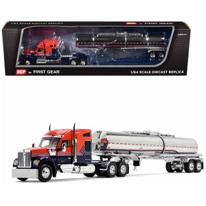 Kenworth W990 w/76" Mid-Roof Sleeper & Brenner Chemical Grade Tanker Trailer Red & Blue 1/64 Diecast Model by DCP/First Gear - 1 of 3