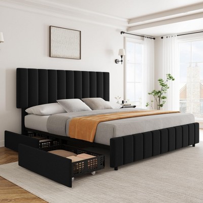 homfan Bed Frame with 4 Storage Drawers, Linen Upholstered Platform Bed Frame, Adjustable Height Headboard, No Box Spring Needed, Easy to Assembly