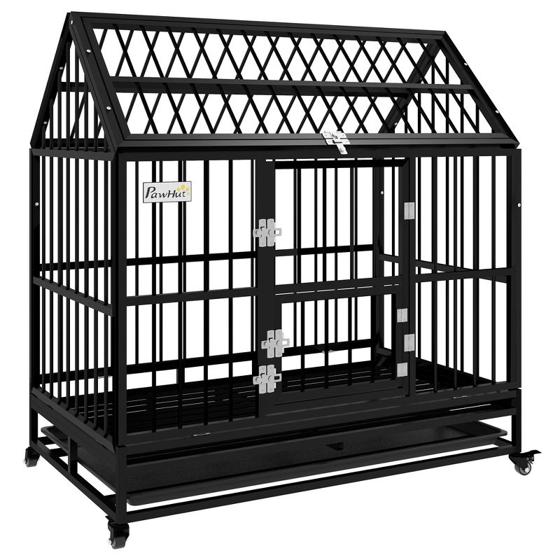 PawHut 49" Heavy Duty Dog Crate, Strong Steel Large Dog Crate with 4 Lockable Wheels, Double Doors, and Removable Tray, for XL and L Dogs, Black, 1 of 7